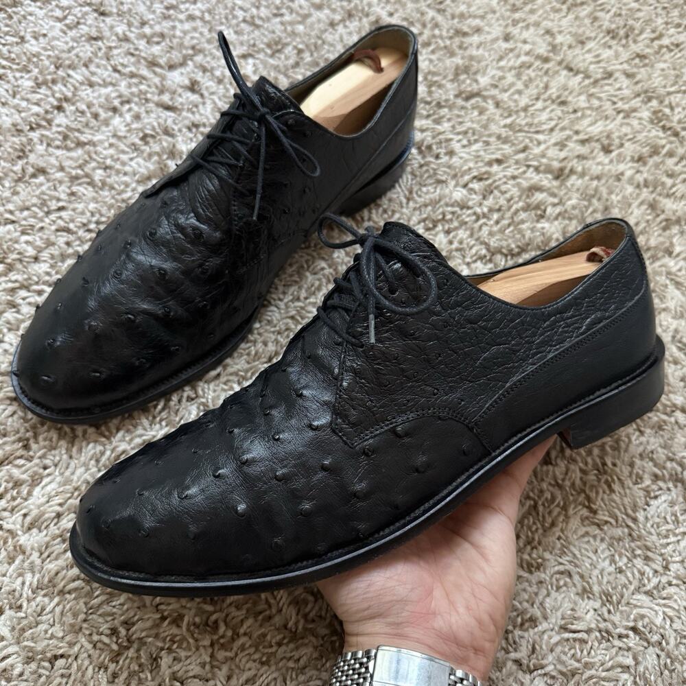 Zelli Italy Ostrich Full Quill Black Leather Oxford Dress Shoes Men’s Size 10